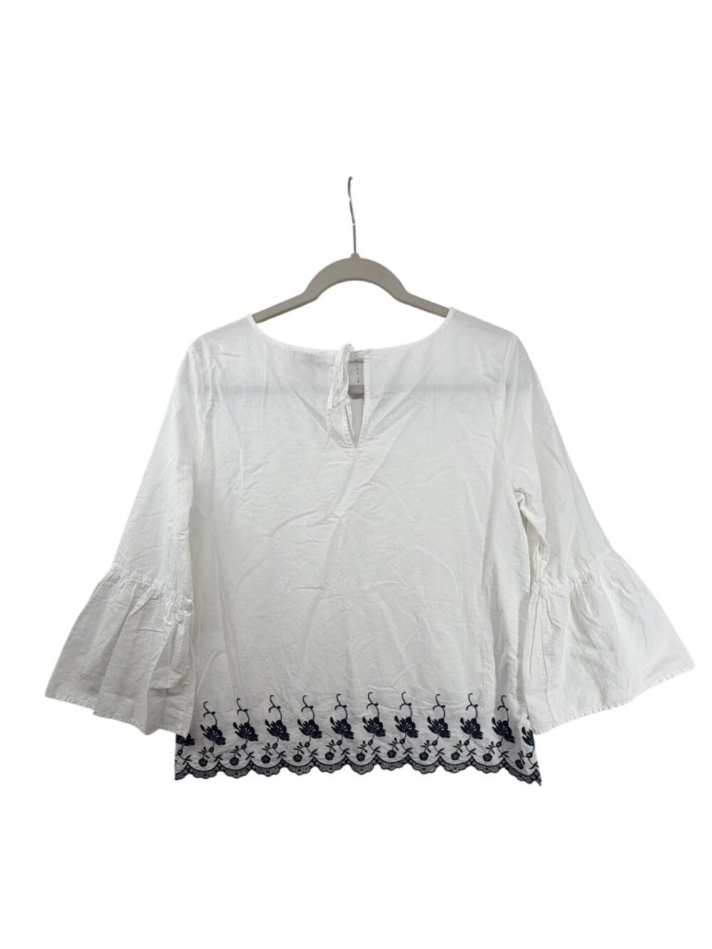 Loft Womens Top Sz M Petite White/Navy Embroidered Hem Bell 3/4 Slv Poet Tunic - Picture 2 of 11